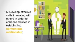 • 5. Develop effective
skills in relating with
others in order to
enhance abilities in
establishing
harmonious
relationship;
 