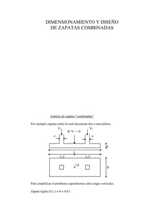 DIMENSIONAMIENTO Y DISEÑO
DE ZAPATAS COMBINADAS
Análisis de zapatas “combinadas”
Por ejemplo zapatas sobre la cual descansan dos o más pilares.
R=V + V
V V
c c
L
L/2 L/2
B
h
c.g.
1 2
1 2
2
1
Para simplificar el problema supondremos sólo cargas verticales.
Zapata rígida ( L /4 0.8 )
 