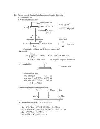 4.6.) Para la viga de fundación del estanque elevado, determine :
a) Presión máxima
b) Asentamiento máximo.
corte A-A
estanque de 4 m
3
losa 2*0.7*0.2 m
columna = 0.3 m
h = 5 m
0.2m
0.25m
2 m
A A
viga
0.25*0.2*0.3m
0.3 TIP
K = 9 kgf/cm3
E = 200000 kgf/cm
2
¡Desprecie colaboración de la viga transversal!
Desarrollo :
=
3
3
4
*
*
K
E h
= (3*9000/(2*106
*0.253
))1/4
= 0.964 1/m
> L = 1.928 > /4 viga de longitud intermedia
1º) Modelación : P
= 0.964 1/m
A B
Determinación de P
peso estanque 4.0 ton
peso losa =2*0.7*2*2.4= 0.672 ton
peso pilar =5*0.32
*2.4= 1.080 ton
P = 5.75 ton
2º) Se reemplaza por una viga infinita.
5.75 ton
P0A
M0A M0B
P0B
3º) Determinación de P0A, M0A, P0B y M0B.
QA = (P/2)*D X = (5.75/2)*D(2.41) = -0.192 ton
MA = (P/4* )*C X = (5.75/3.856)*C(2.41) = -0.189 t*m
QB =-(P/2)*D X = 0.192 ton
MB = (P/4* )*C X = -0.189 t*m
 