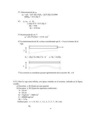 3o
) Determinación de yB
yB = q/kz = (V-2Q1)/A /kz = (25-2Q1)/1 /3000
1000yB = 25/3-2Q1/3
4o
) yA=yB Q1
1.33Q1-0.75 =25/3-2Q1/3
2Q1 = 9.08
Q1 = 4.54 ton
5o
) Sustituyendo Q1 en 1o
:
q = (25-2*4.54)/1 = 15.92 t/m2
6o
) La determinación de M1 se hace considerando que v = 0 en el extremo de la
viga.
y
v = -2Q1
2
/k+4M1
3
/k = 0 M1 = 0.63Q1
y
7o
) Lo correcto es considerar que por agrietamiento de la sección. M1 0
4.15.) Para la viga semi-infinita, con apoyo rotulado en el extremo, indicada en la figura,
se pide :
a) Encontrar y, M, Q para un caso general.
b) Encontrar y, M, Q para las siguientes condiciones :
b = 30 cm
h = 20 cm
K = 3 kgf/cm3
= 3000 t/m3
E = 200000 kgf/cm2
M1 = 1 t*m
Graficar para : x = 0 , 0.5 , 1 , 1.5 , 2 , 3 , 5 , 7 , 10 (m)
M1
 