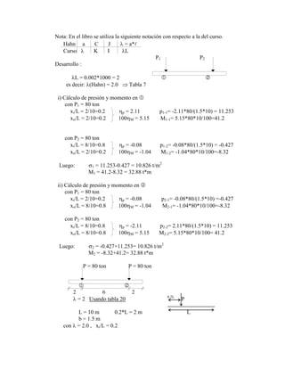 Nota: En el libro se utiliza la siguiente notación con respecto a la del curso.
Hahn a C J = a*
Curso K I L
P1 P2
Desarrollo :
L = 0.002*1000 = 2  
es decir: (Hahn) = 2.0 Tabla 7
i) Cálculo de presión y momento en 
con P1 = 80 ton
xi/L = 2/10=0.2 p = 2.11 p1-1= -2.11*80/(1.5*10) = 11.253
xo/L = 2/10=0.2 100 M = 5.15 M1-1= 5.15*80*10/100=41.2
con P2 = 80 ton
xi/L = 8/10=0.8 p = -0.08 p1-2= -0.08*80/(1.5*10) = -0.427
xo/L = 2/10=0.2 100 M = -1.04 M1-2= -1.04*80*10/100=-8.32
Luego: 1 = 11.253-0.427 = 10.826 t/m2
M1 = 41.2-8.32 = 32.88 t*m
ii) Cálculo de presión y momento en 
con P1 = 80 ton
xi/L = 2/10=0.2 p = -0.08 p2-1= -0.08*80/(1.5*10) =-0.427
xo/L = 8/10=0.8 100 M = -1.04 M2-1= -1.04*80*10/100=-8.32
con P2 = 80 ton
xi/L = 8/10=0.8 p = -2.11 p2-2= 2.11*80/(1.5*10) = 11.253
xo/L = 8/10=0.8 100 M = 5.15 M2-2= 5.15*80*10/100= 41.2
Luego: 2 = -0.427+11.253= 10.826 t/m2
M2 = -8.32+41.2= 32.88 t*m
P = 80 ton P = 80 ton
 
2 6 2
= 2 Usando tabla 20 0.2L
P
L = 10 m 0.2*L = 2 m L
b = 1.5 m
con = 2.0 , xi/L = 0.2
 