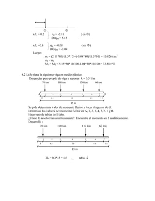  
x/L = 0.2 p = -2.11 ( en )
100 M = 5.15
x/L =0.8 p = -0.08 ( en )
100 M = -1.04
Luego :
1 = (2.11*80)/(1.5*10)+(-0.08*80)/(1.5*10) = 10.826 t/m2
2 = 1
M1 = M2 = 5.15*80*10/100-1.04*80*10/100 = 32.88 t*m
4.21.) Se tiene la siguiente viga en medio elástico.
Despreciar peso propio de viga y suponer = 0.3 1/m
70 ton 60 ton
100 ton 130 ton
1 2 3 4 5 6 7
1.5 1.5
4.5 4.5
3.0
15 m
A B
Se pide determinar valor de momento flector y hacer diagrama de él.
Determine los valores del momento flector en A, 1, 2, 3, 4, 5, 6, 7 y B.
Hacer uso de tablas del Hahn.
¿Cómo lo resolverían analíticamente?. Encuentre el momento en 3 analíticamente.
Desarrollo :
70 ton 60 ton
100 ton 130 ton
1 2 3 4 5 6 7
1.5 1.5
4.5 4.5
3.0
15 m
L = 0.3*15 = 4.5 tabla 12
 