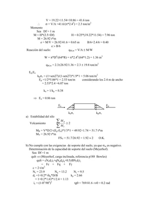 V = 19.22+11.54+10.86 = 41.6 ton
= V/A =41.6/( *2.42
) = 2.3 ton/m2
Momento
Sea Df = 1 m
M = H*(2.5+Df) H = 0.25*(19.22*11.54) = 7.96 ton
M = 26.92 t*m
e = M/V = 26.92/41.6 = 0.65 m B/6=2.4/6 = 0.40
e B/6
Reacción del suelo: qM,m = V/A M/W
W = *D4
/(64*R) = *2.44
/(64*1.2) = 1.36 m3
qM,m = 2.3 26.92/1.36 = 2.3 19.8 ton/m2
Ep,Ea
kp v = (1+sen27)/(1-sen27)*1.9*1 = 5.06 ton/m2
Ep =1/2*5.06*1 = 2.53 ton/m considerando los 2.4 m de ancho
= 2.53*2.4 =6.07 ton
ka = 1/kp = 0.38
Ea = 0.86 ton
Ea Ep
ka v kp v
a) Estabilidad del silo
Volcamiento
M
M
R
V
2
MR = V*D/2+(Ep-Ea)*1/3*1 = 49.92+1.74 = 51.7 t*m
MV = 26.92 t*m
FSV = 51.7/26.92 = 1.92 2 O.K.
b) No cumple con las exigencias de soporte del suelo, ya que m es negativo.
Determinación de la capacidad de soporte del suelo (Meyerhof).
Sea Df =1 m
qult (Meyerhof, carga inclinada, referencia p188 Bowles)
qult = cNcdcic+qNqdqiq+0.5 BN d i
= Fc + Fq + F
c = 2 t/m2
Nc = 23.9 Nq = 13.2 N = 9.5
dc =1+0.2*√kp*D/B kp = 2.66
= 1+0.2*1.63*1/2.4 = 1.13
ic = (1- o
/90o
)2
tg = 769/41.6 = 0.2 rad
 