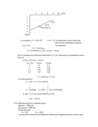 =Z
Z(m)
La ecuación : Z = -0.5 +5.5 h2 = 5.5 m (altura para la que el peso del
suelo más la sobrecarga compensa
máx= 8 % la expansión)
1.5 = 5.5-0.5 máx
= 0.5*0.08*(5.5-1.5) = 0.16 m = 16 cm
b) Si el asentamiento diferencial admisible es 2.5 cm, determinar la cantidad de suelo a
remover.
0.5* máx*(5.5-hi) = 2.5 cm
máx (%) hi (m) (cm)
2 4.5 0.1
3 4.0 2.25
3.1 3.95 2.40
3.2 3.9 2.56
hi a remover = 3.9 m
en forma analítica
= -2*Z + 11 = 0.11-0.02*Z
=
h
55
.
(Z)dZ 0.025 =
h
55
.
(0.11-0.02*Z)dZ
0..025 = 0.11*(5.5-h)-0.5*0.02*(5.52
-h2
)
H = 3.92 m
1.54.) Determine para los siguientes datos:
-pp(silo) = 4000 ton
-peso grano= 8000 ton
-arcilla saturada
Cc = 0.2 Cs = 0.04
- esta arcilla ha sido preconsolidada por estratos que desaparecieron por erosión cuya
 