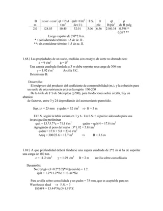 B 28.36B2
+1.824B3
qt = P/A qult =t/m2
F.S. B qt
m t/m2
de ( I ) pie lb/pie2
de II pulg
2.0 128.03 10.45 32.01 3.06 6.56 2140.34 0.398 *
0.597 **
Luego zapatas de 2.0*2.0 m.
* : considerando término 1.5 de ec. II .
**: sin considerar término 1.5 de ec. II.
1.68.) Las propiedades de un suelo, medidas con ensayos de corte no drenado son:
c = 9 t/m2
= 0o
Una zapata cuadrada fundada a 3 m debe soportar una carga de 300 ton
= 1.92 t/m3
Arcilla P.C.
Determinar B.
Desarrollo:
El recíproco del producto del coeficiente de compresibilidad (mv), y la cohesión para
un suelo de esta resistencia está en la región 100-200
De la tabla de F.S de Skempton (p200), para fundaciones sobre arcilla, hay un
abanico
de factores, entre 3 y 24 dependiendo del asentamiento permitido.
Sup.: = 25 mm y qadm = 32 t/m2
B = 3 m
El F.S. según la tabla variará en 3 y 6 . Un F.S. = 4 parece adecuado para una
investigación preliminar
qult = 13.*5.7*c = 71.1 t/m2
qadm = qult/4 = 17.8 t/m2
Agregando el peso del suelo : 3*1.92 = 5.8 t/m2
qadm = 17.8 + 5.8 = 23.6 t/m2
Areq = 300/23.6 = 12.7 m2
B = 3.6 m
1.69.) A que profundidad deberá fundarse una zapata cuadrada de 2*2 m si ha de soportar
una carga de 180 ton.
c = 11.2 t/m2
= 1.99 t/m3
B = 2 m arcilla sobre-consolidada
Desarrollo:
Nc(rectg)= (1+0.2*2/2)*Nc(corrida) = 1.2
qult = 1.2*11.2*Nc = 13.44*Nc
Para arcilla sobre-consolidada y un adm = 75 mm, que es aceptable para un
Warehouse shed F.S. = 3
180.0/4 = 13.44*Nc/3+1.91*Z
 