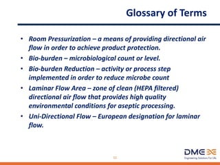 Glossary of Terms
• Room Pressurization – a means of providing directional air
flow in order to achieve product protection.
• Bio-burden – microbiological count or level.
• Bio-burden Reduction – activity or process step
implemented in order to reduce microbe count
• Laminar Flow Area – zone of clean (HEPA filtered)
directional air flow that provides high quality
environmental conditions for aseptic processing.
• Uni-Directional Flow – European designation for laminar
flow.
11
 