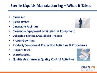 Sterile Liquids Manufacturing – What it Takes
• Clean Air
• Clean Water
• Cleanable Facilities
• Cleanable Equipment or Single Use Equipment
• Validated Systems/Validated Process
• Proper Gowning
• Product/Component Protection Activities & Procedures
• Proper Flows
• Warehousing
• Quality Assurance & Quality Control Activities
3
 