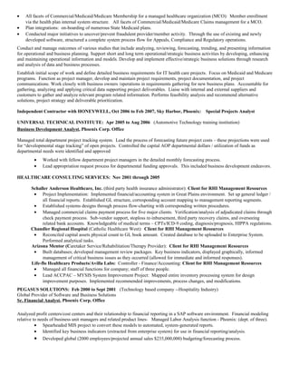 • All facets of Commercial/Medicaid/Medicare Membership for a managed healthcare organization (MCO): Member enrollment
via the health plan internal system structure. All facets of Commercial/Medicaid/Medicare Claims management for a MCO.
• Plan integrations: on-boarding of numerous State Medicaid plans.
• Conducted major initiatives to uncover/prevent fraudulent provider/member activity. Through the use of existing and newly
developed software, structured a complete system process flow for Appeals, Compliance and Regulatory operations.
Conduct and manage outcomes of various studies that include analyzing, reviewing, forecasting, trending, and presenting information
for operational and business planning. Support short and long term operational/strategic business activities by developing, enhancing
and maintaining operational information and models. Develop and implement effective/strategic business solutions through research
and analysis of data and business processes.
Establish initial scope of work and define detailed business requirements for IT health care projects. Focus on Medicaid and Medicare
programs. Function as project manager, develop and maintain project requirements, project documentation, and project
communications. Work closely with business owners /operations in requirements gathering for new business plans. Accountable for
gathering, analyzing and applying critical data supporting project deliverables. Liaise with internal and external suppliers and
customers to gather and analyze relevant program related information. Performs feasibility analysis and recommend alternative
solutions, project strategy and deliverable prioritization.
Independent Contractor with HONEYWELL, Oct 2006 to Feb 2007, Sky Harbor, Phoenix: Special Projects Analyst
UNIVERSAL TECHNICAL INSTITUTE: Apr 2005 to Aug 2006 (Automotive Technology training institution)
Business Development Analyst, Phoenix Corp. Office
Managed total department project tracking system. Lead the process of forecasting future project costs – these projections were used
for “developmental stage tracking” of open projects. Controlled the capital AOP departmental dollars / utilization of funds as
departmental needs were identified and approved
• Worked with fellow department project managers in the detailed monthly forecasting process.
• Lead appropriation request process for departmental funding approvals. This included business development endeavors.
HEALTHCARE CONSULTING SERVICES: Nov 2001 through 2005
Schaller Anderson Healthcare, Inc. (third party health insurance administrator): Client for RHI Management Resources
• Project Implementation: Implemented financial/accounting system in Great Plains environment. Set up general ledger /
all financial reports. Established GL structure, corresponding account mapping to management reporting segments.
• Established systems designs through process flow-charting with corresponding written procedures.
• Managed commercial claims payment process for five major clients. Verification/analysis of adjudicated claims through
check payment process. Sub-vendor support, stoploss re-inbursement, third party recovery claims, and overseeing
related bank accounts. Knowledgeable of medical terms – CPTs/ICD-9 coding, diagnosis/prognosis, HIPPA regulations.
Chandler Regional Hospital (Catholic Healthcare West): Client for RHI Management Resources
• Reconciled capital assets physical count to GL book amount. Created database to be uploaded to Enterprise System.
Performed analytical tasks.
Arizona Mentor (Caretaker Service/Rehabilitation/Therapy Provider): Client for RHI Management Resources
• Built databases; developed management review packages. Key business indicators, displayed graphically, informed
management of critical business issues as they occurred (allowed for immediate and informed responses).
Life-flo Healthcare Products/Avilla Labs: Controller - Finance/Accounting: Client for RHI Management Resources
• Managed all financial functions for company; staff of three people.
• Lead ACCPAC – MYSIS System Improvement Project: Mapped entire inventory processing system for design
improvement purposes. Implemented recommended improvements, process changes, and modifications.
PEGASUS SOLUTIONS: Feb 2000 to Sept 2001 (Technology based company --Hospitality Industry)
Global Provider of Software and Business Solutions
Sr. Financial Analyst, Phoenix Corp. Office
Analyzed profit centers/cost centers and their relationship to financial reporting in a SAP software environment. Financial modeling
relative to needs of business unit managers and related product lines- Managed Labor Analysis function - Phoenix: (dept. of three).
• Spearheaded MIS project to convert these models to automated, system-generated reports.
• Identified key business indicators (extracted from enterprise system) for use in financial reporting/analysis.
• Developed global (2000 employees/projected annual sales $235,000,000) budgeting/forecasting process.
 