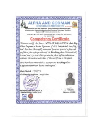 Competence Certificate for Batching Plant Engineer