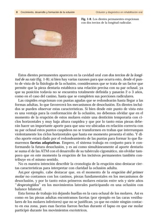 Estos dientes permanentes aparecen en la cavidad oral con dos tercios de la longi-
tud de su raíz (fig. 1-8); si bien hay varias razones para que ocurra esto, desde el pun-
to de vista de la fisiología de la oclusión, consideramos que se trata de un factor que
permite que la pieza dentaria establezca una relación precisa con su par oclusal, ya
que su posición todavía no se encuentra totalmente definida y pasarán 2 o 3 años,
como en el caso del canino, hasta que se completen sus porciones radiculares.
Las cúspides erupcionan con puntas agudas que se redondearán hasta llegar a las
formas adultas, lo que favorecerá los mecanismos de desoclusión. En dientes inclui-
dos se pueden observar estas características. Si bien desde este punto de vista esto
es una ventaja para la conformación de la oclusión, no debemos olvidar que en el
momento de la erupción de estos molares existe una dentición temporaria con ci-
clos horizontales y muy baja altura cuspídea y que por lo tanto estas piezas debe-
rán hacer un importante aporte para que una vez ubicadas en relación correcta con
su par oclusal estos puntos cuspídeos no se transformen en trabas que interrumpan
violentamente los ciclos horizontales que hasta ese momento presenta el niño. Y di-
cho aporte estará dado por el redondeamiento de las puntas para formar lo que lla-
maremos facetas adaptativas. Empero, el sistema trabaja en conjunto para ir con-
formando la futura desoclusión, y es así como simultáneamente al aporte dentario
se suma el de las ATM con el desarrollo de su tubérculo cigomático, sin olvidar tam-
poco que en este momento la erupción de los incisivos permanentes también con-
tribuye en el mismo sentido.
No es nuestra intención describir la cronología de la erupción sino destacar cier-
tas características para interpretar con claridad la oclusión adulta.
Así,por ejemplo, cabe destacar que, en el momento de la erupción del primer
molar no contamos con los caninos, piezas fundamentales en los mecanismos de
desoclusión, y por lo tanto estos primeros molares estarán entre seis y siete años
“desprotegidos” en los movimientos laterales participando en una oclusión con
balance bilateral.
Esta forma de trabajo irá dejando huellas en la cara oclusal de los molares. Así es
como en las piezas adultas encontramos facetas (por ejemplo en las caras vestibu-
lares de los molares inferiores) que no se justifican, ya que no existe ningún contac-
to en esa zona, pues esas facetas fueron hechas durante el lapso en que ese molar
participó durante los movimientos excéntricos.
88 Crecimiento, desarrollo y formación de la oclusión Oclusión y diagnóstico en rehabilitación oral
Fig. 1-8. Los dientes permanentes erupcionan
con dos tercios de la longitud radicular.
 