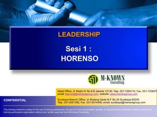 Sesi 1 :
HORENSO
LEADERSHIP
CONFIDENTIAL
This training material is solely for the use of training participants. No part of it may be circulated, quoted, or reproduced for distribution inside or outside the
training participants organization without prior written approval from M-Knows Consulting.
Head Office: Jl. Radio IV No 8 B Jakarta 12130, Telp. 021-7265174, Fax. 021-7236076
email: learning@menaragroup.com, website: www.menaragroup.com
Surabaya Branch Office: Jl. Bratang Gede III F No 24 Surabaya 60245
Telp. 031-5051395, Fax. 031-5014446, email: surabaya@menaragroup.com
 