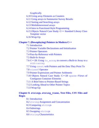 Graphically
6.10 Using array Elements as Counters
6.11 Using arrays to Summarize Survey Results
6.12 Sorting and Searching arrays
6.13 Multidimensional arrays
6.14 Intro to Functional-Style Programming
6.15 Objects Natural Case Study: C++ Standard Library Class
Template vector
6.16 Wrap-Up
Chapter 7. (Downplaying) Pointers in Modern C++
7.1 Introduction
7.2 Pointer Variable Declarations and Initialization
7.3 Pointer Operators
7.4 Pass-by-Reference with Pointers
7.5 Built-In Arrays
7.6 C++20: Using to_array to convert a Built-in Array to a
std::array
7.7 Using const with Pointers and the Data They Point To
7.8 sizeof Operator
7.9 Pointer Expressions and Pointer Arithmetic
7.10 Objects Natural Case Study: C++20 spans—Views of
Contiguous Container Elements
7.11 A Brief Intro to Pointer-Based Strings
7.12 Looking Ahead to Other Pointer Topics
7.13 Wrap-Up
Chapter 8. strings, string_views, Text Files, CSV Files and
Regex
8.1 Introduction
8.2 string Assignment and Concatenation
8.3 Comparing strings
8.4 Substrings
8.5 Swapping strings
8.6 string Characteristics
 