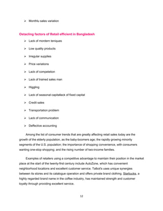  Monthlu sales variation



Ostacling factors of Retail efficient in Bangladesh

    Lack of mordern teniques

    Low quality products

    Irregular supplies

    Price variations

    Lack of competetion

    Lack of trained sales man

    Higgling

    Lack of seasonal capitallack of fixed capital

    Credit sales

    Transportation problem

    Lack of communication

    Deffective accounting


     Among the list of consumer trends that are greatly affecting retail sales today are the
growth of the elderly population, as the baby-boomers age; the rapidly growing minority
segments of the U.S. population; the importance of shopping convenience, with consumers
wanting one-stop shopping; and the rising number of two-income families.


     Examples of retailers using a competitive advantage to maintain their position in the market
place at the start of the twenty-first century include AutoZone, which has convenient
neighborhood locations and excellent customer service. Talbot's uses unique synergies
between its stores and its catalogue operation and offers private brand clothing. Starbucks, a
highly regarded brand name in the coffee industry, has maintained strength and customer
loyalty through providing excellent service.



                                                12
 