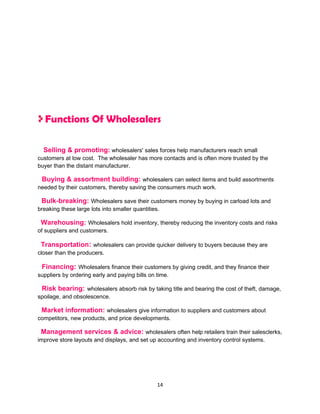 Functions Of Wholesalers

  Selling & promoting: wholesalers' sales forces help manufacturers reach small
customers at low cost. The wholesaler has more contacts and is often more trusted by the
buyer than the distant manufacturer.

 Buying & assortment building: wholesalers can select items and build assortments
needed by their customers, thereby saving the consumers much work.

 Bulk-breaking: Wholesalers save their customers money by buying in carload lots and
breaking these large lots into smaller quantities.

 Warehousing: Wholesalers hold inventory, thereby reducing the inventory costs and risks
of suppliers and customers.

 Transportation: wholesalers can provide quicker delivery to buyers because they are
closer than the producers.

 Financing: Wholesalers finance their customers by giving credit, and they finance their
suppliers by ordering early and paying bills on time.

 Risk bearing: wholesalers absorb risk by taking title and bearing the cost of theft, damage,
spoilage, and obsolescence.

 Market information: wholesalers give information to suppliers and customers about
competitors, new products, and price developments.

 Management services & advice: wholesalers often help retailers train their salesclerks,
improve store layouts and displays, and set up accounting and inventory control systems.




                                                14
 