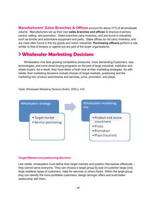 Manufacturers' Sales Branches & Offices account for about 31% of all wholesale
volume. Manufacturers set up their own sales branches and offices to improve inventory
control, selling, and promotion. Sales branches carry inventory, and are found in industries
such as lumber and automotive equipment and parts. Sales offices do not carry inventory, and
are most often found in the dry goods and notion industries. Purchasing officers perform a role
similar to that of brokers or agents but are part of the buyer organizations.

   Wholesaler Marketing Decisions
     Wholesalers now face growing competitive pressures, more demanding Customers, new
technologies, and more direct-buying programs on the part of large industrial, institution and
retails buyers. As a result, they have taken a fresh look at their marketing strategies. As with
retails, their marketing decisions include choices of target markets, positioning and the
marketing mix- product assortments and services, price, promotion, and place.



Table: Wholesaler Marketing Decision (Kotler, 2005 p. 418




Target Market and positioning Decision

Like retails, wholesalers must define their target markets and position themselves effectively –
they cannot serve everyone. They can choose a target group by size of customer large (only
large retailers) types of customers, need for services or others factor. Within the large group,
they can identify the more profitable customers, design stronger offers and build better
relationship with them.


                                                  18
 