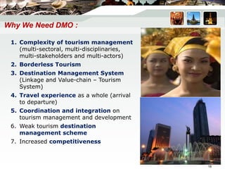 Why We Need DMO :
1. Complexity of tourism management
(multi-sectoral, multi-disciplinaries,
multi-stakeholders and multi-actors)
2. Borderless Tourism
3. Destination Management System
(Linkage and Value-chain – Tourism
System)
4. Travel experience as a whole (arrival
to departure)
5. Coordination and integration on
tourism management and development
6. Weak tourism destination
management scheme
7. Increased competitiveness
18
 