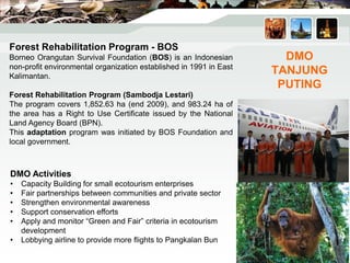 DMO
TANJUNG
PUTING
Forest Rehabilitation Program - BOS
Borneo Orangutan Survival Foundation (BOS) is an Indonesian
non-profit environmental organization established in 1991 in East
Kalimantan.
Forest Rehabilitation Program (Sambodja Lestari)
The program covers 1,852.63 ha (end 2009), and 983.24 ha of
the area has a Right to Use Certificate issued by the National
Land Agency Board (BPN).
This adaptation program was initiated by BOS Foundation and
local government.
DMO Activities
• Capacity Building for small ecotourism enterprises
• Fair partnerships between communities and private sector
• Strengthen environmental awareness
• Support conservation efforts
• Apply and monitor “Green and Fair” criteria in ecotourism
development
• Lobbying airline to provide more flights to Pangkalan Bun
30
 