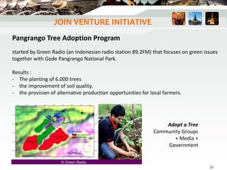 Pangrango Tree Adoption Program
started by Green Radio (an Indonesian radio station 89.2FM) that focuses on green issues
together with Gede Pangrango National Park.
Results :
- The planting of 6.000 trees
- the improvement of soil quality,
- the provision of alternative production opportunities for local farmers.
Adopt a Tree
Community Groups
+ Media +
Government
© Green Radio
JOIN VENTURE INITIATIVE
37
 