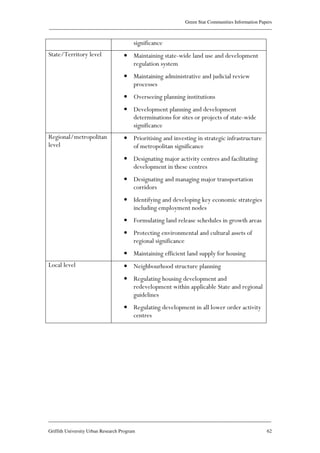 Green Star Communities Information Papers
____________________________________________________________________________________________
____________________________________________________________________________________________
Griffith University Urban Research Program 62
significance
State/Territory level • Maintaining state-wide land use and development
regulation system
• Maintaining administrative and judicial review
processes
• Overseeing planning institutions
• Development planning and development
determinations for sites or projects of state-wide
significance
Regional/metropolitan
level
• Prioritising and investing in strategic infrastructure
of metropolitan significance
• Designating major activity centres and facilitating
development in these centres
• Designating and managing major transportation
corridors
• Identifying and developing key economic strategies
including employment nodes
• Formulating land release schedules in growth areas
• Protecting environmental and cultural assets of
regional significance
• Maintaining efficient land supply for housing
Local level • Neighbourhood structure planning
• Regulating housing development and
redevelopment within applicable State and regional
guidelines
• Regulating development in all lower order activity
centres
 