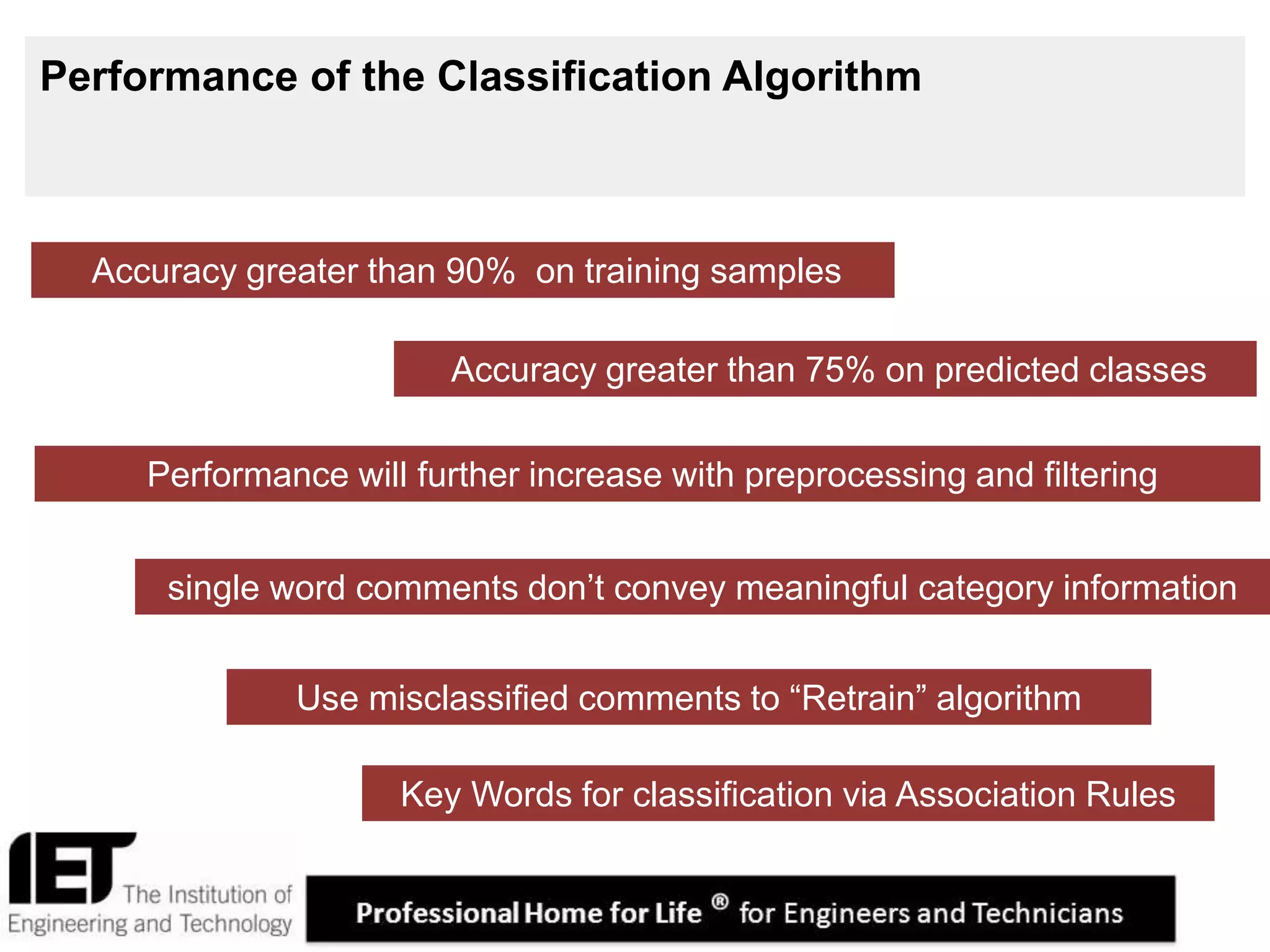 17
Performance of the Classification Algorithm
Accuracy greater than 75% on predicted classes
Accuracy greater than 90% on training samples
Performance will further increase with preprocessing and filtering
single word comments don’t convey meaningful category information
Use misclassified comments to “Retrain” algorithm
Key Words for classification via Association Rules
 