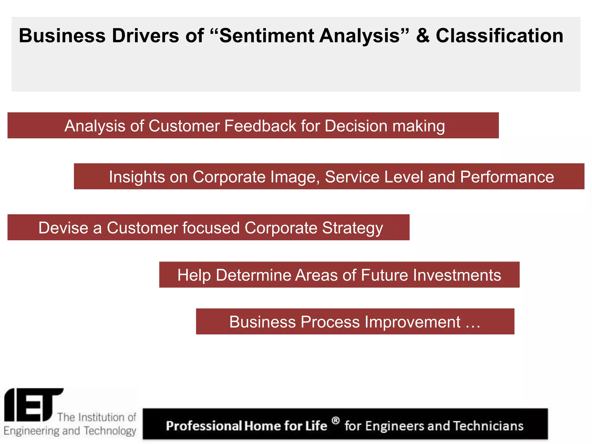 2
Business Drivers of “Sentiment Analysis” & Classification
Devise a Customer focused Corporate Strategy
Help Determine Areas of Future Investments
Analysis of Customer Feedback for Decision making
Insights on Corporate Image, Service Level and Performance
Business Process Improvement …
 