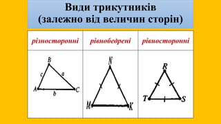 Види трикутників
(залежно від величин сторін)
різносторонні рівнобедрені рівносторонні
 