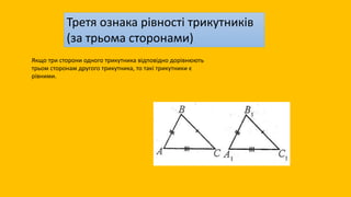 Третя ознака рівності трикутників
(за трьома сторонами)
Якщо три сторони одного трикутника відповідно дорівнюють
трьом сторонам другого трикутника, то такі трикутники є
рівними.
 