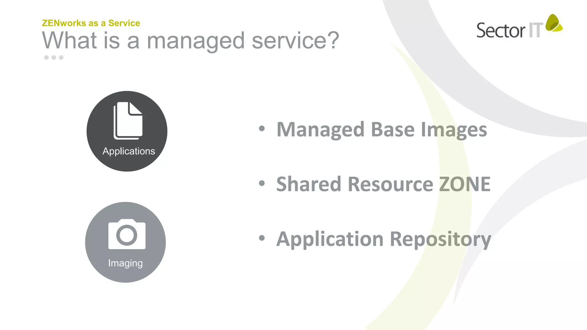What is a managed service?
ZENworks as a Service
• Managed Base Images
• Shared Resource ZONE
• Application Repository
Applications
Imaging
 