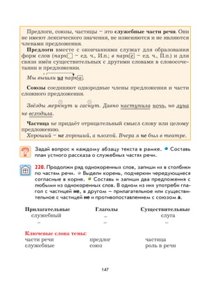 147
Предлоги, союзы, частицы – это служебные части речи. Они
не имеют лексического значения, не изменяются и не являются
членами предложения.
Предлоги вместе с окончаниями служат для образования
форм слов (парк – ед. ч., И.п.; в парк е – ед. ч., П.п.) и для
связи имён существительных с другими словами в словосоче-
тании и предложении.
Мы вышли изиз парк а .
Союзы соединяют однородные члены предложения и части
сложного предложения.
Звёзды меркнут и гаснут. Давно наступила ночь, но луна
не всходила.
Частица не придаёт отрицательный смысл слову или целому
предложению.
Хороший – нене хороший, а плохой. Вчера я нене был в театре.
Задай вопрос к каждому абзацу текста в рамке. Составь
план устного рассказа о служебных частях речи.
220. Продолжи ряд однокоренных слов, запиши их в столбики
по частям речи. Выдели корень, подчеркни чередующиеся
согласные в корне. Составь и запиши два предложения с
любыми из однокоренных слов. В одном из них употреби гла-
гол с частицей не, в другом – прилагательное или существи-
тельное с частицей не и противопоставлением с союзом а.
Прилагательные Глаголы Существительные
служебный ... слуга
... ... ...
Ключевые слова темы:
части речи предлог частица
служебные союз роль в речи
×
 