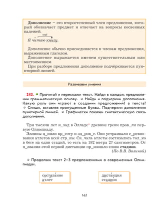 162
Дополнение – это второстепенный член предложения, кото-
рый обозначает предмет и отвечает на вопросы косвенных
падежей.
Я читаю книгу.
Дополнение обычно присоединяется к членам предложения,
выраженным глаголом.
Дополнение выражается именем существительным или
местоимением.
При разборе предложения дополнение подчёркивается пун-
ктирной линией.
Развиваем умения
243. Прочитай и перескажи текст. Найди в каждом предложе-
нии грамматическую основу. Найди и подчеркни дополнения.
Какую роль они играют в создании предложений? а текста?
Спиши, вставляя пропущенные буквы. Подчеркни дополнения
пунктирной линией. Графически покажи синтаксическую связь
дополнений.
Три тысячи лет н_зад в Элладе* древние греки пров_ли пер-
вую Олимпиаду.
Эллины ц_нили кр_соту и зд_ров_е. Они устраивали с_ревно-
вания атлетов всей стр_ны. Сн_чала атлеты состязались тол_ко
в беге на один стадий, то есть на 192 метра 27 сантиметров. От
н_звания этой первой дистанции пр_изошло слово стадион.
(По В.В. Волиной)
Продолжи текст 2–3 предложениями о современных Олим-
пиадах.
что?
×
состяза
,
ние
атле
,
т
диста
,
нция
стадио
,
н
 