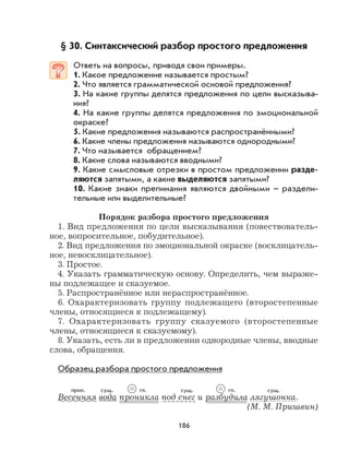 186
§ 30. Синтаксический разбор простого предложения
Ответь на вопросы, приводя свои примеры.
1. Какое предложение называется простым?
2. Что является грамматической основой предложения?
3. На какие группы делятся предложения по цели высказыва-
ния?
4. На какие группы делятся предложения по эмоциональной
окраске?
5. Какие предложения называются распространёнными?
6. Какие члены предложения называются однородными?
7. Что называется обращением?
8. Какие слова называются вводными?
9. Какие смысловые отрезки в простом предложении разде-
ляются запятыми, а какие выделяются запятыми?
10. Какие знаки препинания являются двойными – раздели-
тельные или выделительные?
Порядок разбора простого предложения
1. Вид предложения по цели высказывания (повествователь-
ное, вопросительное, побудительное).
2. Вид предложения по эмоциональной окраске (восклицатель-
ное, невосклицательное).
3. Простое.
4. Указать грамматическую основу. Определить, чем выраже-
ны подлежащее и сказуемое.
5. Распространённое или нераспространённое.
6. Охарактеризовать группу подлежащего (второстепенные
члены, относящиеся к подлежащему).
7. Охарактеризовать группу сказуемого (второстепенные
члены, относящиеся к сказуемому).
8. Указать, есть ли в предложении однородные члены, вводные
слова, обращения.
Образец разбора простого предложения
Весенняя вода проникла под снег и разбудила лягушонка.
(М. М. Пришвин)
-•-•-•-•-•-•-•-•
прил. сущ. сущ. сущ.гл. гл.
 