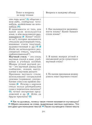 211
Текст и вопросы
по ходу чтения
Вопросы к каждому абзацу
это три цели? О) общение с
кем-либо, сообщение чего-
нибудь, воздействие на кого-
нибудь (П).
В зависимости от того, для
какой цели используется
язык, в нём выделяются раз-
новидности (В Какие? сколь-
ко их?), которые называются
стилями: разговорный стиль,
книжные стили (научный,
художественный и др.) П (В
Когда же используется раз-
говорный стиль, научный,
художественный?).
Научный стиль – это стиль
научных статей и книг, учеб-
ников и учебных пособий.
Жанры устной научной ре-
чи – это научный доклад или
сообщение, лекция, высту-
пление в научном диспуте.
Признаки научного стиля:
использование специальной
лексики (терминов), употре-
бление слов в их прямом зна-
чении (В Почему в научном
стиле нельзя употреблять
слова в переносном значении?
О), чёткое построение пред-
ложений и др. (В Есть ли
другие признаки? О)
2. Как называются разновид-
ности языка? Какие бывают
стили языка?
3. В каких жанрах устной и
письменной речи существует
научный стиль?
4. По каким признакам можно
узнать текст научного стиля?
Как ты думаешь, почему такое чтение называется изучающим?
Обрати внимание на слова, выделенные светлым курсивом. Что
они дают для понимания текста? После изучающего чтения текста
 