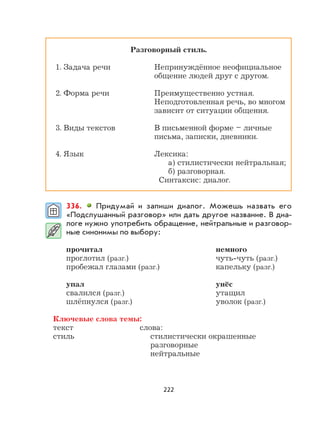 222
Разговорный стиль.
1. Задача речи Непринуждённое неофициальное
общение людей друг с другом.
2. Форма речи Преимущественно устная.
Неподготовленная речь, во многом
зависит от ситуации общения.
3. Виды текстов В письменной форме – личные
письма, записки, дневники.
4. Язык Лексика:
а) стилистически нейтральная;
б) разговорная.
Синтаксис: диалог.
336. Придумай и запиши диалог. Можешь назвать его
«Подслушанный разговор» или дать другое название. В диа-
логе нужно употребить обращение, нейтральные и разговор-
ные синонимы по выбору:
прочитал немного
проглотил (разг.) чуть-чуть (разг.)
пробежал глазами (разг.) капельку (разг.)
упал унёс
свалился (разг.) утащил
шлёпнулся (разг.) уволок (разг.)
Ключевые слова темы:
текст слова:
стиль стилистически окрашенные
разговорные
нейтральные
 