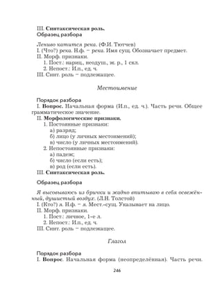 246
III. Синтаксическая роль.
Образец разбора
Лениво катится река. (Ф.И. Тютчев)
I. (Что?) река. Н.ф. – река. Имя сущ. Обозначает предмет.
II. Морф. признаки.
1. Пост.: нариц., неодуш., ж. р., 1 скл.
2. Непост.: И.п., ед. ч.
III. Синт. роль – подлежащее.
Местоимение
Порядок разбора
I. Вопрос. Начальная форма (И.п., ед. ч.). Часть речи. Общее
грамматическое значение.
II. Морфологические признаки.
1. Постоянные признаки:
а) разряд;
б) лицо (у личных местоимений);
в) число (у личных местоимений).
2. Непостоянные признаки:
а) падеж;
б) число (если есть);
в) род (если есть).
III. Синтаксическая роль.
Образец разбора
Я высовываюсь из брички и жадно впитываю в себя освежён-
ный, душистый воздух. (Л.Н. Толстой)
I. (Кто?) я. Н.ф. – я. Мест.-сущ. Указывает на лицо.
II. Морф. признаки.
1. Пост.: личное, 1-е л.
2. Непост.: И.п., ед. ч.
III. Синт. роль – подлежащее.
Глагол
Порядок разбора
I. Вопрос. Начальная форма (неопределённая). Часть речи.
 