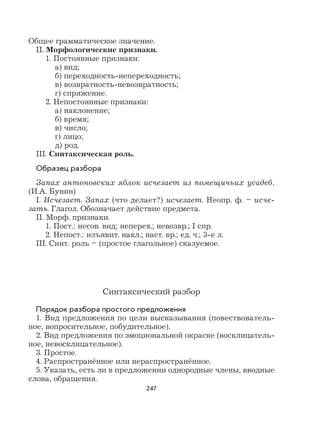 247
Общее грамматическое значение.
II. Морфологические признаки.
1. Постоянные признаки:
а) вид;
б) переходность-непереходность;
в) возвратность-невозвратность;
г) спряжение.
2. Непостоянные признаки:
а) наклонение;
б) время;
в) число;
г) лицо;
д) род.
III. Синтаксическая роль.
Образец разбора
Запах антоновских яблок исчезает из помещичьих усадеб.
(И.А. Бунин)
I. Исчезает. Запах (что делает?) исчезает. Неопр. ф. – исче-
зать. Глагол. Обозначает действие предмета.
II. Морф. признаки.
1. Пост.: несов. вид; неперех.; невозвр.; I спр.
2. Непост.: изъявит. накл.; наст. вр.; ед. ч.; 3-е л.
III. Синт. роль – (простое глагольное) сказуемое.
Синтаксический разбор
Порядок разбора простого предложения
1. Вид предложения по цели высказывания (повествователь-
ное, вопросительное, побудительное).
2. Вид предложения по эмоциональной окраске (восклицатель-
ное, невосклицательное).
3. Простое.
4. Распространённое или нераспространённое.
5. Указать, есть ли в предложении однородные члены, вводные
слова, обращения.
 