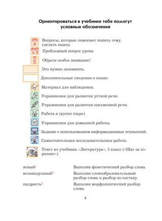 6
Ориентироваться в учебнике тебе помогут
условные обозначения
Вопросы, которые помогают понять тему,
сделать вывод.
Проблемный вопрос урока.
Обрати особое внимание!
Это нужно запомнить.
Дополнительные сведения о языке.
Материал для наблюдения.
Упражнения для развития устной речи.
Упражнения для развития письменной речи.
Работа в группе (паре).
Упражнения для домашней работы.
Задание с использованием информационных технологий.
Самостоятельная исследовательская работа.
Текст из учебника «Литература», 5 класс («Шаг за го-
ризонт»).
ясный1 Выполни фонетический разбор слова.
великодушный2 Выполни словообразовательный
разбор слова и разбор по составу.
щедрость3 Выполни морфологический разбор
слова.
 