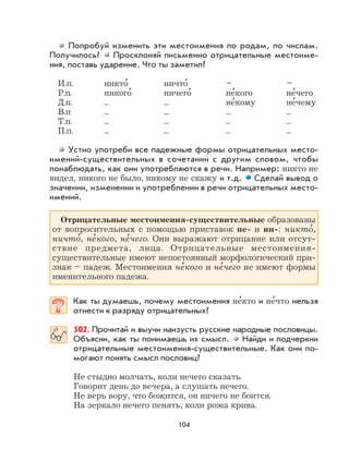 104
Попробуй изменить эти местоимения по родам, по числам.
Получилось? Просклоняй письменно отрицательные местоиме-
ния, поставь ударение. Что ты заметил?
И.п. никто
,
ничто
,
– –
Р.п. никого
,
ничего
,
не
,
кого не
,
чего
Д.п. ... ... не
,
кому не
,
чему
В.п ... ... ... ...
Т.п. ... ... ... ...
П.п. ... ... ... ...
Устно употреби все падежные формы отрицательных место-
имений-существительных в сочетании с другим словом, чтобы
понаблюдать, как они употребляются в речи. Например: никто не
видел, никого не было, никому не скажу и т.д. Сделай вывод о
значении, изменении и употреблении в речи отрицательных место-
имений.
Отрицательные местоимения-существительные образованы
от вопросительных с помощью приставок не- и ни-: никто
,
,
ничто
,
, не
,
кого, не
,
чего. Они выражают отрицание или отсут-
ствие предмета, лица. Отрицательные местоимения-
существительные имеют непостоянный морфологический при-
знак – падеж. Местоимения не
,
кого и не
,
чего не имеют формы
именительного падежа.
Как ты думаешь, почему местоимения не
,
кто и не
,
что нельзя
отнести к разряду отрицательных?
502. Прочитай и выучи наизусть русские народные пословицы.
Объясни, как ты понимаешь их смысл. Найди и подчеркни
отрицательные местоимения-существительные. Как они по-
могают понять смысл пословиц?
Не стыдно молчать, коли нечего сказать.
Говорит день до вечера, а слушать нечего.
Не верь вору, что божится, он ничего не боится.
На зеркало нечего пенять, коли рожа крива.
 