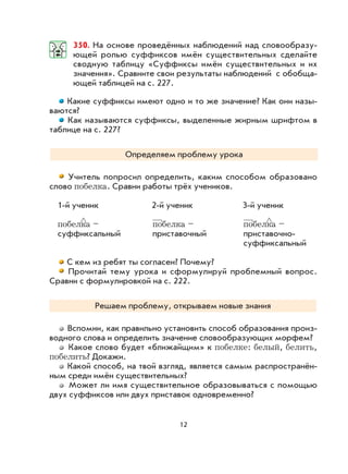 12
350. На основе проведённых наблюдений над словообразу-
ющей ролью суффиксов имён существительных сделайте
сводную таблицу «Суффиксы имён существительных и их
значения». Сравните свои результаты наблюдений с обобща-
ющей таблицей на с. 227.
Какие суффиксы имеют одно и то же значение? Как они назы-
ваются?
Как называются суффиксы, выделенные жирным шрифтом в
таблице на с. 227?
Определяем проблему урока
Учитель попросил определить, каким способом образовано
слово побелка. Сравни работы трёх учеников.
1-й ученик 2-й ученик 3-й ученик
побелка – побелка – побелка –
суффиксальный приставочный приставочно-
суффиксальный
С кем из ребят ты согласен? Почему?
Прочитай тему урока и сформулируй проблемный вопрос.
Сравни с формулировкой на с. 222.
Решаем проблему, открываем новые знания
Вспомни, как правильно установить способ образования произ-
водного слова и определить значение словообразующих морфем?
Какое слово будет «ближайщим» к побелке: белый, белить,
побелить? Докажи.
Какой способ, на твой взгляд, является самым распространён-
ным среди имён существительных?
Может ли имя существительное образовываться с помощью
двух суффиксов или двух приставок одновременно?
 