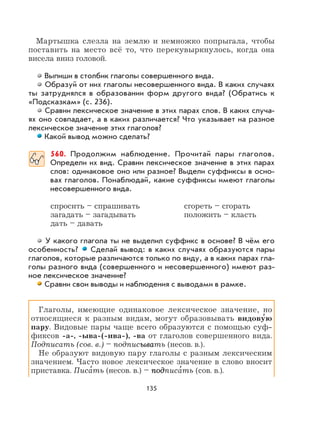 135
Мартышка слезла на землю и немножко попрыгала, чтобы
поставить на место всё то, что перекувыркнулось, когда она
висела вниз головой.
Выпиши в столбик глаголы совершенного вида.
Образуй от них глаголы несовершенного вида. В каких случаях
ты затруднялся в образовании форм другого вида? (Обратись к
«Подсказкам» (с. 236).
Сравни лексическое значение в этих парах слов. В каких случа-
ях оно совпадает, а в каких различается? Что указывает на разное
лексическое значение этих глаголов?
Какой вывод можно сделать?
560. Продолжим наблюдение. Прочитай пары глаголов.
Определи их вид. Сравни лексическое значение в этих парах
слов: одинаковое оно или разное? Выдели суффиксы в осно-
вах глаголов. Понаблюдай, какие суффиксы имеют глаголы
несовершенного вида.
спросить – спрашивать сгореть – сгорать
загадать – загадывать положить – класть
дать – давать
У какого глагола ты не выделил суффикс в основе? В чём его
особенность? Сделай вывод: в каких случаях образуются пары
глаголов, которые различаются только по виду, а в каких парах гла-
голы разного вида (совершенного и несовершенного) имеют раз-
ное лексическое значение?
Сравни свои выводы и наблюдения с выводами в рамке.
Глаголы, имеющие одинаковое лексическое значение, но
относящиеся к разным видам, могут образовывать видову
,
ю
пару. Видовые пары чаще всего образуются с помощью суф-
фиксов -а-, -ыва-(-ива-), -ва от глаголов совершенного вида.
Подписать (сов. в.) – подписываывать (несов. в.).
Не образуют видовую пару глаголы с разным лексическим
значением. Часто новое лексическое значение в слово вносит
приставка. Писа
,
ть (несов. в.) – подподписа
,
ть (сов. в.).
 