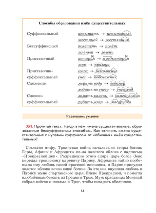 14
Способы образования имён существительных
Суффиксальный испытать → испытатель
жестяной → жестянщик
Бессуффиксный полететь → полёт
зелёный → зелень
Приставочный история → предыстория
звук → призвук
Приставочно- голос → безголосица
суффиксальный снег → подснежник
Сложение мерить воду → водомер
ходить по снегу → снегоход
Сложно- ломать камень → каменоломня
суффиксальный рубить мясо → мясорубка
Развиваем умения
351. Прочитай текст. Найди в нём имена существительные, обра-
зованные бессуффиксным способом. Как отличить имена суще-
ствительные с нулевым суффиксом от «обычных» имён существи-
тельных?
Согласно мифу, Троянская война началась со ссоры богинь
Геры, Афины и Афродиты из-за золотого яблока с надписью
«Прекраснейшей». Разрешение этого спора царь богов Зевс
передал троянскому царевичу Парису. Афродита тайно пообе-
щала ему любовь самой красивой женщины, и Парис присудил
золотое яблоко вечно юной богине. За это она внушила любовь к
Парису жене спартанского царя, Елене Прекрасной, и помогла
влюблённым бежать из Греции в Трою. Муж красавицы Менелай
собрал войско и поплыл к Трое, чтобы покарать обидчиков.
[й] [й]
 