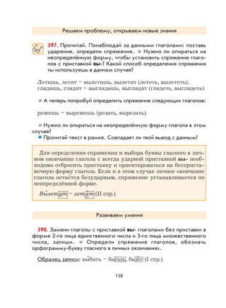 158
Решаем проблему, открываем новые знания
597. Прочитай. Понаблюдай за данными глаголами: поставь
ударение, определи спряжение. Нужно ли опираться на
неопределённую форму, чтобы установить спряжение глаго-
лов с приставкой вы-? Какой способ определения спряжения
ты используешь в данном случае?
Летишь, летят – вылетишь, вылетят (лететь, вылететь);
глядишь, глядят – выглядишь, выглядят (глядеть, выглядеть).
А теперь попробуй определить спряжение следующих глаголов:
режешь – вырежешь (резать, вырезать).
Нужно ли опираться на неопределённую форму глагола в этом
случае?
Прочитай текст в рамке. Совпадает ли твой вывод с данным?
Для определения спряжения и выбора буквы гласного в лич-
ном окончании глагола с всегда ударной приставкой вы- необ-
ходимо отбросить приставку и ориентироваться на бесприста-
вочную форму глагола. Если и в этом случае личное окончание
глагола остаётся безударным, спряжение устанавливается по
неопределённой форме.
Вы
,
летят – летя
,
т (II спр.).
Развиваем умения
598. Замени глаголы с приставкой вы- глаголами без приставки в
форме 2-го лица единственного числа и 3-го лица множественного
числа, запиши. Определи спряжение глаголов, обозначь
орфограмму-букву гласного в личных окончаниях.
Образец записи: вы
,
бить – бьёшь, бью
,
т (I спр.).
 