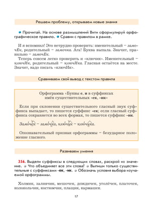17
Решаем проблему, открываем новые знания
Прочитай. На основе размышлений Вити сформулируй орфо-
графическое правило. Сравни с правилом в рамке.
И я вспомнил! Это нетрудно проверить: именительный – замо-
чЕк, родительный – замочка. Ага! Буква выпала. Значит, пра-
вильно – замочЕк.
Теперь совсем легко проверить и «ключик». Именительный –
ключИк, родительный – ключИка. Гласная остаётся на месте.
Значит, надо писать «ключИк».
Сравниваем свой вывод с текстом правила
Орфограмма «Буквы е, и в суффиксах
имён существительных -ек, -ик»
Если при склонении существительного гласный звук суф-
фикса выпадает, то пишется суффикс -ек; если гласный суф-
фикса сохраняется во всех формах, то пишется суффикс -ик.
Замо
,
чек – замо
,
чка, клю
,
чик – клю
,
чика.
Опознавательный признак орфограммы – безударное поло-
жение гласного.
Развиваем умения
356. Выдели суффиксы в следующих словах, раскрой их значе-
ние. Что объединяет все эти слова? Выпиши только существи-
тельные с суффиксами -ек, -ик. Обозначь условия выбора изуча-
емой орфограммы.
Холмик, заливчик, мешочек, дождичек, уголёчек, платочек,
колокольчик, костюмчик, плащик, кармашек.
 