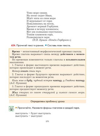 171
Тихо море-окиян.
На песке сидит Иван,
Ждёт кита из синя моря
И мурлыкает от горя;
Повалившись на песок,
Дремлет верный Горбунок.
Время к вечеру клонилось;
Вот уж солнышко спустилось;
Тихим пламенем горя,
Развернулася заря.
(П.П. Ершов «Конёк-Горбунок»)
624. Прочитай текст в рамке. Составь план текста.
Время – непостоянный морфологический признак глагола.
Время глагола выражает связь между действием и момен-
том речи.
По временам изменяются только глаголы в изъявительном
наклонении.
1. Глагол в форме настоящего времени выражает действие,
которое происходит в момент речи.
Ветер гонитгонит стаи туч.
2. Глагол в форме будущего времени выражает действие,
которое последует за моментом речи.
Коль жив я будубуду, чудный остров навещунавещу, у Гвидона погощупогощу.
(А.С. Пушкин)
3. Глагол в форме прошедшего времени выражает действие,
которое предшествует моменту речи.
ЖилЖил старик со своею старухой у самого синего моря.
(А.С. Пушкин)
Определяем проблему урока
Прочитайте. Назовите формы глаголов в каждой паре.
выступать – будет выступать
выступить – выступит
 