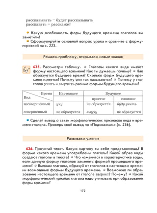 172
рассказывать – будет рассказывать
рассказать – расскажет
Какую особенность форм будущего времени глаголов вы
заметили?
Сформулируйте основной вопрос урока и сравните с форму-
лировкой на с. 223.
Решаем проблему, открываем новые знания
625. Рассмотри таблицу. Глаголы какого вида имеют
форму настоящего времени? Как ты думаешь почему? Как
образуется будущее время? Сколько форм будущего вре-
мени имеется? Почему они так называются? Почему у гла-
голов учить и выучить разные формы будущего времени?
Время
Вид
Настоящее Будущее
простое сложное
несовершенный
совершенный
учу
не образуется
не образуется
выучу
буду учить
не образуется
Сделай вывод о связи морфологических признаков вида и вре-
мени глагола. Проверь свой вывод по «Подсказкам» (с. 236).
Развиваем умения
626. Прочитай текст. Какую картину ты себе представляешь? В
форме какого времени употреблены глаголы? Какой образ воды
создают глаголы в тексте? Что изменится в характеристике воды,
если данную форму глаголов заменить формой прошедшего вре-
мени? Выпиши глаголы, образуй от глаголов в настоящем време-
ни возможные формы будущего времени. Возможно ли обра-
зование настоящего времени от глагола выроет? Почему? Какой
морфологический признак глагола надо учитывать при образовании
форм времени?
 