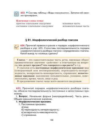 188
653. Составь таблицу «Виды сказуемого». Заполни её свои-
ми примерами.
Ключевые слова темы:
простое глагольное сказуемое основная часть
составное глагольное сказуемое вспомогательная часть
§ 81. Морфологический разбор глагола
654. Прочитай правило в рамке и порядок морфологического
разбора в упр. 655. Сопоставь последовательность порядка
морфологического разбора глагола с определением глагола.
Какой вывод ты можешь сделать?
Глагол – это самостоятельная часть речи, имеющая общее
грамматическое значение «действие» и отвечающая на вопро-
сы что делает предмет? что говорится о предмете? и т.д.
У глаголов есть постоянные морфологические признаки: вид
(совершенный или несовершенный), переходность-непере-
ходность, возвратность-невозвратность, спряжение; непосто-
янные признаки: наклонение (изъявительное, условное, пове-
лительное), время, число, лицо и род.
В предложении глагол чаще всего является сказуемым.
655. Прочитай порядок морфологического разбора глаго-
ла, объясни последовательность постоянных и непостоянных при-
знаков.
I. Вопрос. Начальная форма (неопределённая). Часть речи.
Общее грамматическое значение.
II. Морфологические признаки.
1. Постоянные признаки:
а) вид;
б) переходность-непереходность;
в) возвратность-невозвратность;
г) спряжение.
 