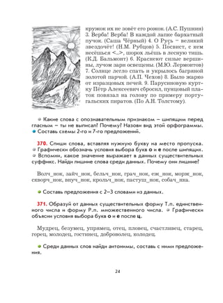 24
кружок их не зовёт его рожок. (А.С. Пушкин)
3. Верба! Верба! В каждой лапке бархатный
пучок. (Саша Чёрный) 4. О Русь – великий
звездочёт! (Н.М. Рубцов) 5. По
,
свист, с кем
несёшься <...>, шорох льёшь в лесную тишь.
(К.Д. Бальмонт) 6. Краснеют сизые верши-
ны, лучом зари освещены. (М.Ю. Лермонтов)
7. Солнце легло спать и укрылось багряной
золотой парчой. (А.П. Чехов) 8. Было жарко
от изразцовых печей. 9. Парусиновую курт-
ку Пётр Алексеевич сбросил, пунцовый пла-
ток повязал на голову по примеру порту-
гальских пиратов. (По А.Н. Толстому).
Какие слова с опознавательным признаком – шипящим перед
гласным – ты не выписал? Почему? Назови вид этой орфограммы.
Составь схемы 2-го и 7-го предложений.
370. Спиши слова, вставляя нужную букву на место пропуска.
Графически обозначь условия выбора букв о и е после шипящих.
Вспомни, какое значение выражает в данных существительных
суффикс. Найди лишние слова среди данных. Почему они лишние?
Волч_нок, зайч_нок, бельч_нок, грач_нок, еж_нок, морж_нок,
скворч_нок, внуч_нок, крольч_нок, пастуш_нок, собач_нка.
Составь предложения с 2–3 словами из данных.
371. Образуй от данных существительных форму Т.п. единствен-
ного числа и форму Р.п. множественного числа. Графически
объясни условия выбора букв о и е после ц.
Мудрец, безумец, упрямец, отец, пловец, счастливец, старец,
горец, молодец, гостинец, доброволец, колодец.
Среди данных слов найди антонимы, составь с ними предложе-
ния.
 