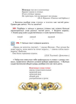 36
Невежда так же в ослепленье
Бранит науки и ученье
И все учёные труды,
Не чувствуя, что он вкушает их плоды.
(И.А. Крылов «Свинья под дубом»)
Выполни разбор слов стража и невежа как частей речи.
Сравни две записи. Что ты заметил?
389. Подбери и запиши к данным словам как можно больше
однокоренных слов разных частей речи. Выдели корень.
Укажи род имён существительных и имён прилагательных.
тихий умный нудный
... ... ...
390. Запиши текст в форме диалога.
«Право, не хочется, скучно!» – сказал Володя. «Так лучше бы
дома сидеть, коли никто не хочет играть», – сквозь слёзы выго-
ворила2 Любочка.
Она была страшная плакса.
(Л.Н. Толстой «Детство»)
Найди все известные тебе орфограммы в словах и между сло-
вами, графически объясни условия выбора орфограмм. Выпиши
существительное общего рода, разбери его как часть речи.
Ключевые слова темы:
имена существительные
мужской род
женский род
общий род
употребление в речи
 