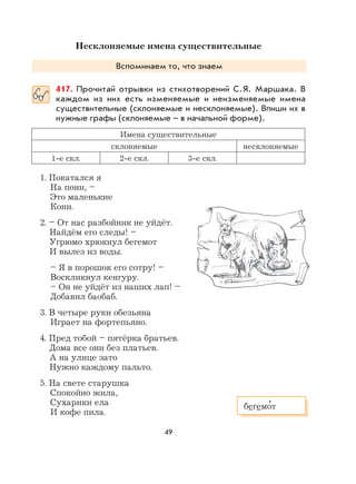 49
Несклоняемые имена существительные
Вспоминаем то, что знаем
417. Прочитай отрывки из стихотворений С.Я. Маршака. В
каждом из них есть изменяемые и неизменяемые имена
существительные (склоняемые и несклоняемые). Впиши их в
нужные графы (склоняемые – в начальной форме).
Имена существительные
склоняемые несклоняемые
1-е скл. 2-е скл. 3-е скл.
1. Покатался я
На пони, –
Это маленькие
Кони.
2. – От нас разбойник не уйдёт.
Найдём его следы! –
Угрюмо хрюкнул бегемот
И вылез из воды.
– Я в порошок его сотру! –
Воскликнул кенгуру.
– Он не уйдёт из наших лап! –
Добавил баобаб.
3. В четыре руки обезьяна
Играет на фортепьяно.
4. Пред тобой – пятёрка братьев.
Дома все они без платьев.
А на улице зато
Нужно каждому пальто.
5. На свете старушка
Спокойно жила,
Сухарики ела
И кофе пила.
бегемо
,
т
 