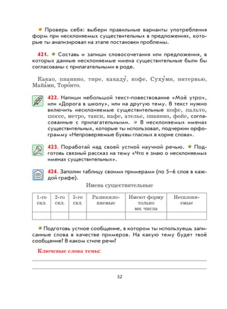 52
Проверь себя: выбери правильные варианты употребления
форм при несклоняемых существительных в предложениях, кото-
рые ты анализировал на этапе постановки проблемы.
421. Составь и запиши словосочетания или предложения, в
которых данные несклоняемые имена существительные были бы
согласованы с прилагательными в роде.
Какао, пианино, тире, какаду
,
, кофе, Суху
,
ми, интервью,
Майа
,
ми, Торо
,
нто.
422. Напиши небольшой текст-повествование «Моё утро»,
или «Дорога в школу», или на другую тему. В текст нужно
включить несклоняемые существительные кофе, пальто,
шоссе, метро, такси, кафе, ателье, пианино, фойе, согла-
сованные с прилагательными. В несклоняемых именах
существительных, которые ты использовал, подчеркни орфо-
грамму «Непроверяемые буквы гласных в корне слова».
423. Поработай над своей устной научной речью. Под-
готовь связный рассказ на тему «Что я знаю о несклоняемых
именах существительных».
424. Заполни таблицу своими примерами (по 5–6 слов в каж-
дой графе).
Имена существительные
1-го
скл.
2-го
скл.
3-го
скл.
Разноскло-
няемые
Имеют форму
только
мн. числа
Несклоня-
емые
Подготовь устное сообщение, в котором ты используешь запи-
санные слова в качестве примеров. На какую тему будет твоё
сообщение? В каком стиле речи?
Ключевые слова темы:
 