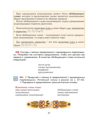 62
При однородных подлежащих может быть обобщающее
слово, которое в предложении также является подлежащим.
Знаки препинания ставятся по общему правилу.
После обобщающего слова-подлежащего перед однородными
подлежащими ставится двоеточие.
Замечательные качества есть у моего друга: ум, честность
и верность. •
: , и .
Если обобщающее слово – подлежащее стоит после однород-
ных подлежащих, то перед ним ставится тире.
Ум, честность, верность – все эти качества есть у моего
друга. , , – •
...
440. Составь и запиши предложения с однородными подлежащи-
ми. Попробуй так составить предложения, чтобы они звучали как
задания к упражнению. В качестве обобщающего слова используй
следующие:
части речи
члены предложения
морфемы
предложения
441. Придумай и запиши 6 предложений с однородными
подлежащими. Используй схемы в рамках на с. 61–62.
Подчеркни в предложениях грамматические основы.
Ключевые слова темы:
имя существительное обобщающее слово
подлежащее знаки препинания
однородные подлежащие интонация
 